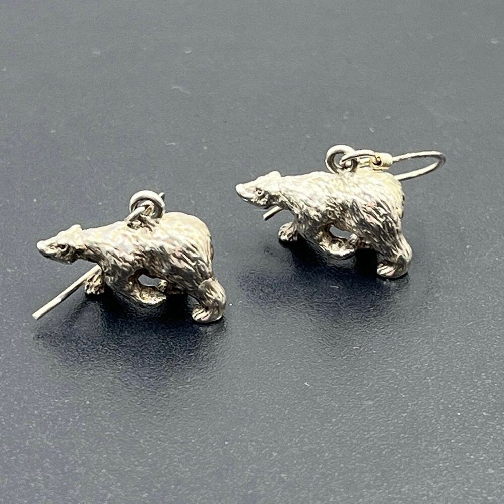 Sterling Silver Detailed 3D‎ Grizzly Bear Animal Fur Charm Dangle Earrings 1”